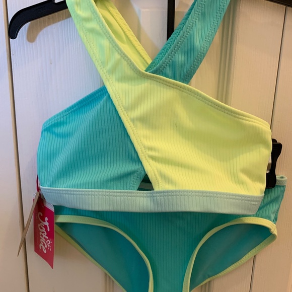 Justice Girls Swim Suit S 7/8 NWT Turquoise Blue Bikini - Picture 1 of 3